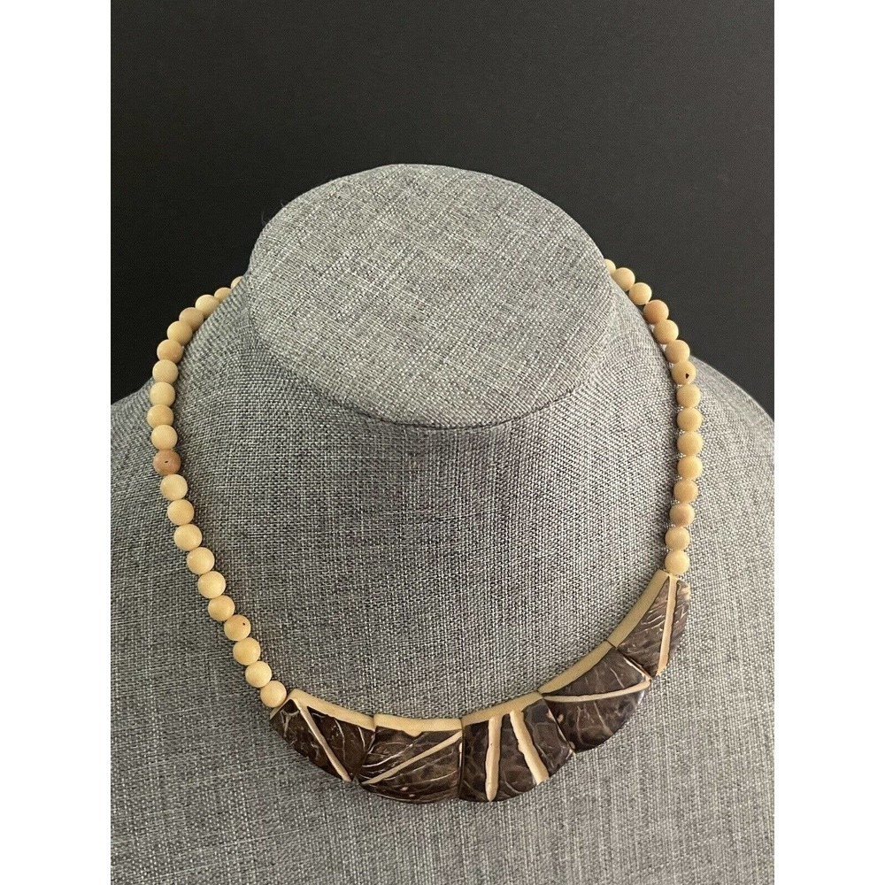 Vintage Coconut Bib Chunky Collar Brown 16” Tribal Boho Necklace Screw Clasp